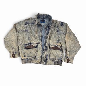 Vintage Horizon Acid Wash Patina Denim Bomber Jacket Zip Front Men’s Large 80’s